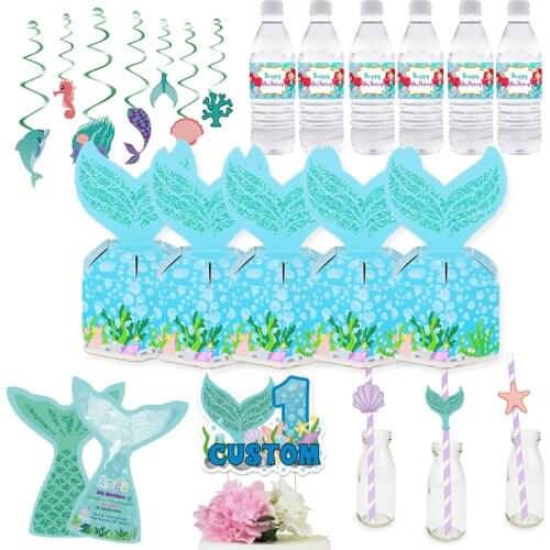 Mermaid Tail Party Favor Boxes Bottle Label Stickers Straws Cake Topper Paper Cups Haning Decor Girl Birthday Mermaid Candy Bags