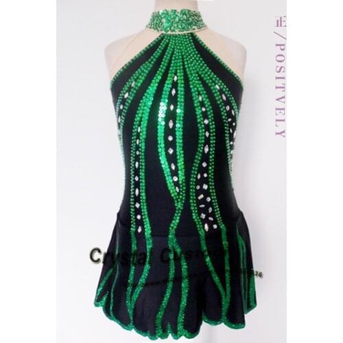 Dark Green Figure Skating Competition Dress Customized With Colorful Strips New Brand Ice Skating Dress DR3141
