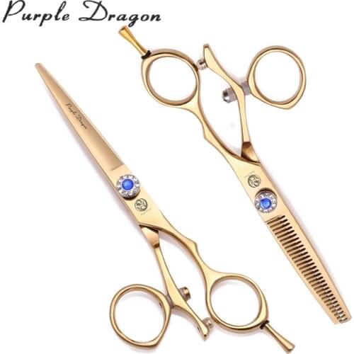 Swivel Thumb Hair Scissors Purple Dragon 5.5" Japanese 440C Hair Cutting Scissors Set Thinning Shears 9019# Gold Barber Scissors