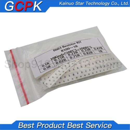 200PCS 1% 0603 SMD resistors assorted DIY kit set 10 valueX20pcs=200pcs 1R00 R820 R750 R620 R500 R470 R330 R220 R150 R100