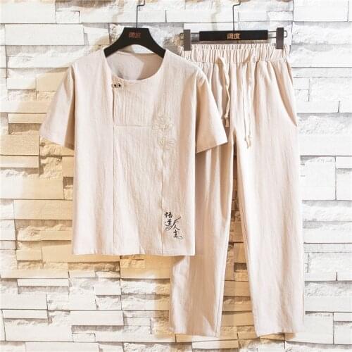 Traditional Chinese Clothing Set for Men Adult Tai Chi Kung Fu Uniforms Linen Short Sleeve Embroidery Casual Chinese Costumes