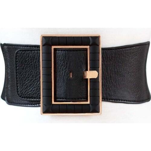 Vintage Extra Wide Women Belt Black Faux Leather Elastic Waistband All-match Fashion Accessory Buckle Cummerbund Decoration Belt