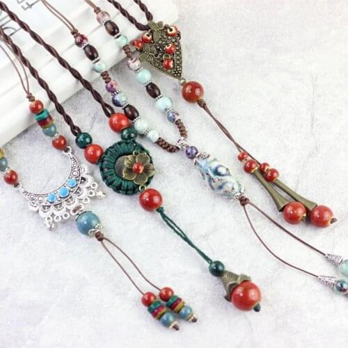 Women Ceramic Beads Tassel Pendants Necklace Vintage Ethnic Style Long Sweater Chain Girls Jewelry Choker