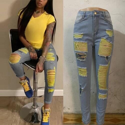 2021 New Ripped Jeans For Women Yellow Scratch Denim Pencil Pants High Waisted Stretch Skinny Hollow Out Sexy Female Jeans Mujer