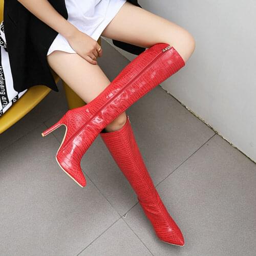 2021 New Autumn Winter Women Boots Fashion Zipper Stone Print Knee High Boots Sexy Thin High Heel Pointed Toe Lady Shoes