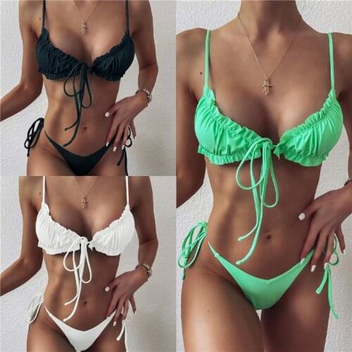 Women Sexy Solid Color Bikini Sets Chest Pad Top And Belt Bottom Swimwear Lace Up Swimsuit