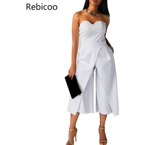 Wide Leg Jumpsuit Rompers Women Off the Shoulder Split Front Dressy Loose Long Pants Black White Strapless Jumpsuits for Ladies