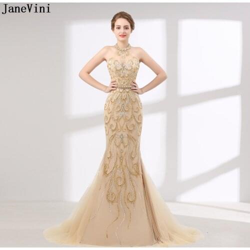 JaneVini 2020 Champagne Dubai Mermaid Long Prom Dresses Luxury Beading Saudi Arabic Formal Women Dinner Gowns Robes De Soiree