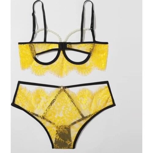 Lingerie Floral Lace Underwear Set 2021 Sexy Sensual Lingerie Women Pearls Bra Thong Black Sex Exotic Costumes