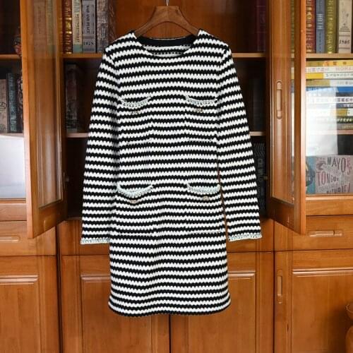 Spring New Designer womens knitted stripe dress High quality long sleeves Chain pockets Dress C801