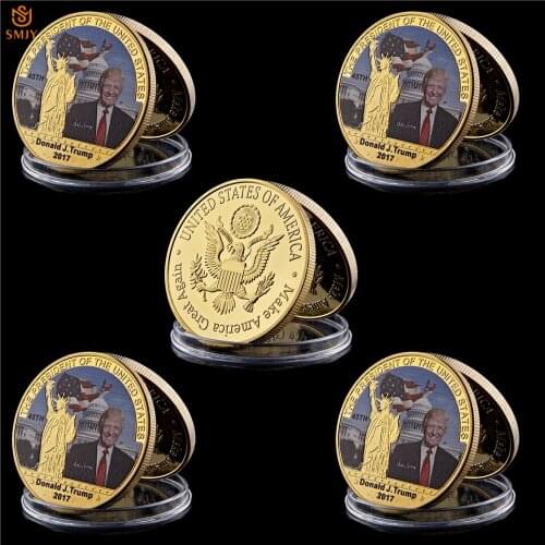 5Pcs Gold Plated 99.9 US 45th President Donald Trump Metal Challenge Coin Gift Free Shipping