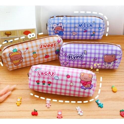 Large Pencil Case Stationery Cartoon Bear Big Storage Bags PU Pencil Bag Cute Makeup Bag School Supplies for Girl Kids Gift