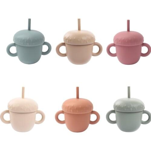 150ML Water Bottle Kids Solid Color Silicone Water Cup with Straw and Double Hand Grip for Boys Girls