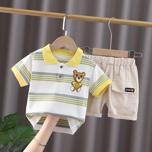 Children Cotton Clothes Summer Baby Boys Strips Short Sleeve Cartoon Shirts Pants 2Pcs/sets Infant Kid Fashion Toddler Tracksuit
