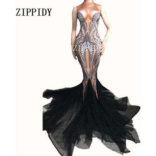 Black Mesh Trains Long Dress Performance Stretch Dance Dress Birthday Celebrate Outfit Nightclub Party Singer Costume Dress