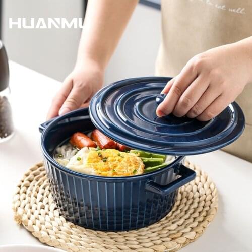 Ceramic Bowl With Lid and Handle Pure Color Instant Large Noodle Bowls Soup Food Container Rice Bowl Kit Dinnerware Tableware