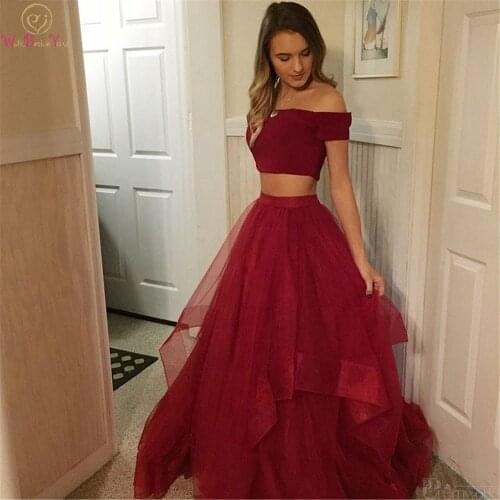 Red Two Pieces Sexy V Neck Prom Dresses 2020 Elegant Burgundy Off The Shoulder Long Formal Party Evening Dresses vestido de gala