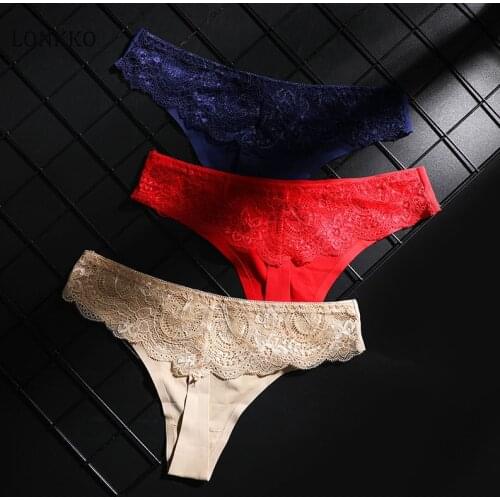LONKKO Ice Silk Thongs Seamless Panties Ladies Sexy T Back Low-Rise Hollow Lace Women Plus size Lingere M-XXL Underwear