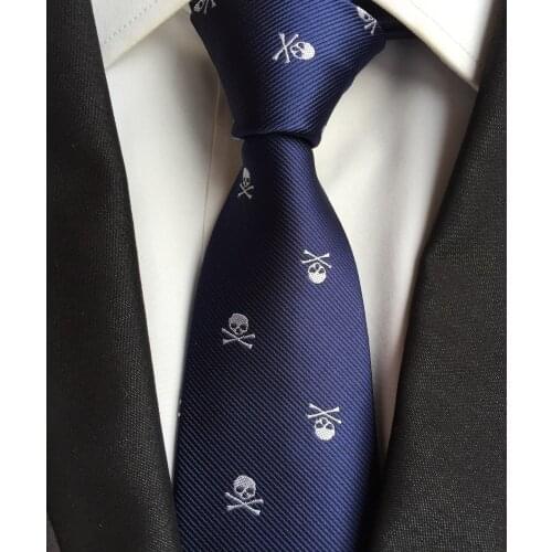 Mens Ties Blue with White Skull Pattern Halloween Necktie