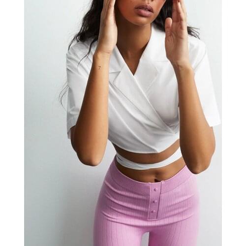 New Products Womens Pure White Shirt Sleeve V-Belt Tops Slim Sexy Short Blouse