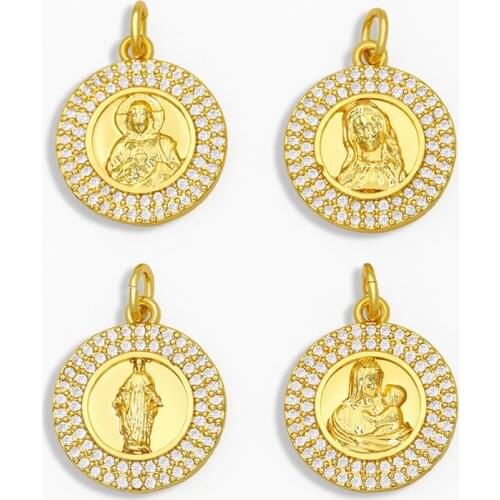 OCESRIO CZ White Stone Virgin Mary Necklace Charms for Jewelry Making Gold Coin Virgen Maria Pendant Charms for Jewelry pdta218