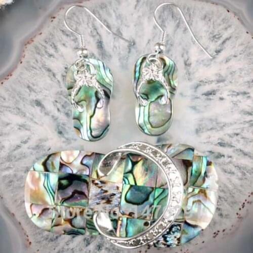 Charm New Natural Abalone Shell Slipper Shoe Bead Dangle Earrings & Pendant 1 Set