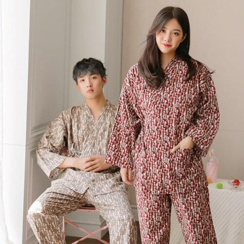 Couple Pajamas Yukata 2 Colors Sanding Long Robe Cartoon Print Cotton Loose Home Service Suit Autumn and Winter Japanese Kimono
