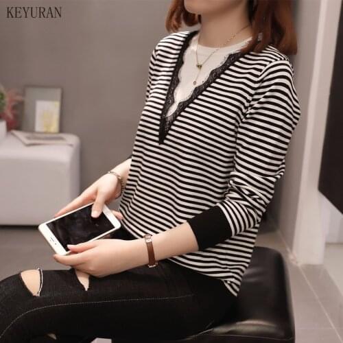 Plus Size Pullover Sweater Women 2020 Autumn Winter Lace Patchwork Black Striped Knitted Sweaters Casual Loose Jumper Pull Femme
