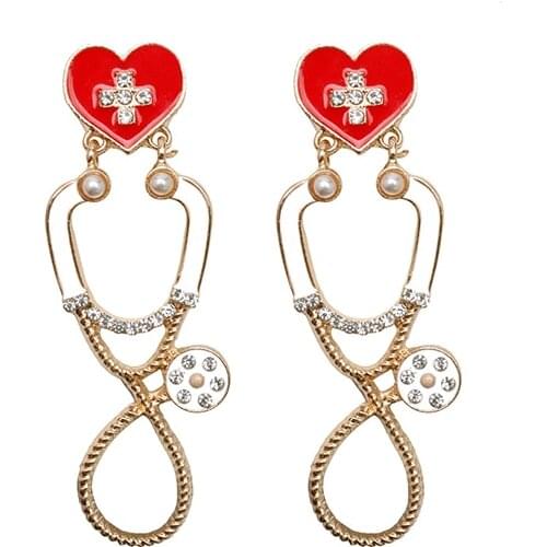 Medical Nurse Stethscope Thermomenter Shape Earrings For Women Nurse Red Heart Shaped Dangle Earring Doctor Ear Jewelry