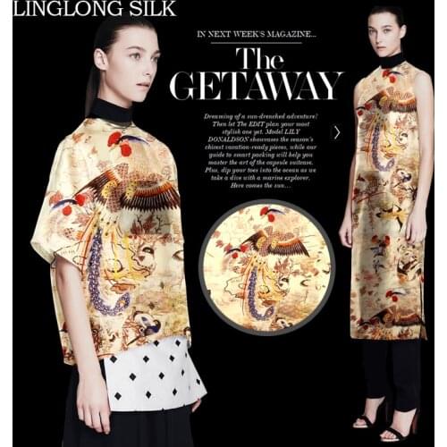 PRINT SILK ORGANZA SATIN FABRIC 14m/m Width 53"-135cm100%Natural Silk Satin Fabrics Silk Tops Fabric 2016 New Phoenix Pattern