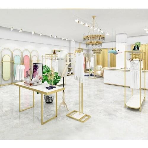 New fashion clothing store display rack, simple golden floor-style womens clothing store shelf wall hanging