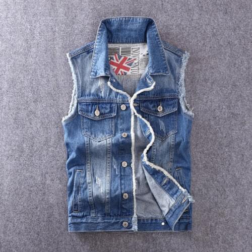 Style Fashion Men Vest Blue Slim Fit Sleeveless Jacket Korean British Patch Design Hip Hop Denim Vest homme colete masculino