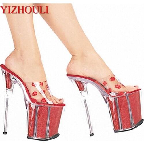 20cm High-Heeled Shoes Sexy Lips Crystal Flat Shoes Slippers 8 Inch Lady Fashion High Heel Shoes Sexy Exotic Dancer Shoes