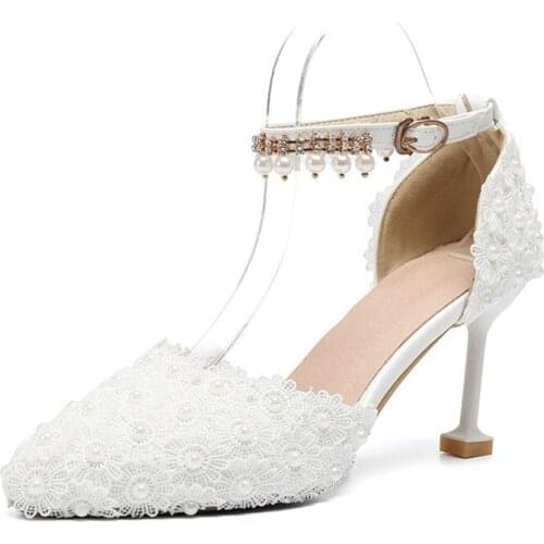 Brand Shoes Thin High Heels Women Shoes Women Pumps Lace Buckle Strap 8CM Pointed Toe Dress Office & Career Party Wedding Flower