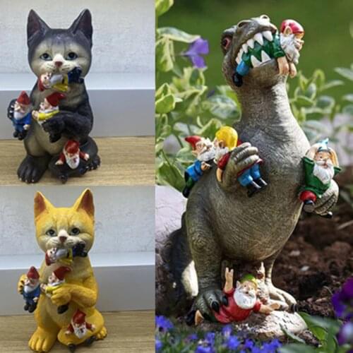 Jurassic Dinosaur Dwarf Resin Statue Garden Elf Cat Ornaments Cat Dinosaur Garden Gardening Sculpture Ornaments