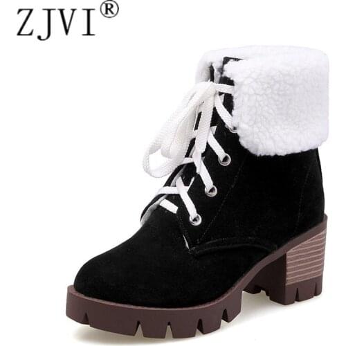ZJVI Womens Ankle Boots For Women Winter Warm Plush Snow Boots 2020 Fashion Woman Square High Heels Ladies Nubuck Platform Shoes
