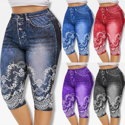 2020 Printed False Denim Yoga Pant 3\4 Women Jeans Leggings High Waist Breeches Capri Pants Super Elastic Jeggings Plus Size 5XL