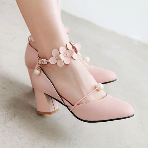 Big Size ladies high heels women shoes woman pumps Flower Baotou Rough-heeled Single Shoes