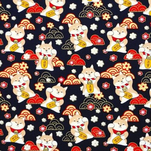1 yard Printed Cotton Woven Fabric - Lucky Cats,Flower and Cloud on Deep Blue Background (width=140cm)