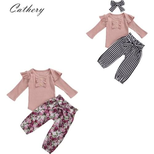 Cathery 3PCS Infant Baby Girls Clothes Knitted Ruffle Long Sleeve Romper Romper Bodysuit Top Floral Pants Headband Outfit Set