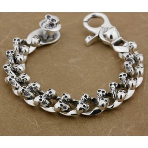 925 Sterling Silver Skulls Chain Mens Biker Rocker Punk Bracelet 8F009