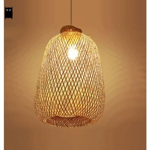 Bamboo Wicker Rattan Bag Pendant Light Fixture Rustic Asian Chinese Style Hanging Lamp Avize Luminaria Indoor Home Dining Room