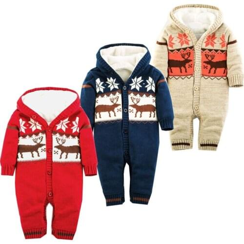 Baby Warm Rompers Newborn Boys Girls Sweater Christmas Deer Plush Hooded Outwear For 0-18 Months Baby clothing