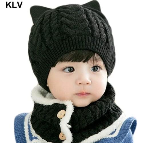 Infant Baby Winter 2Pcs Beanie Hat with Button Circle Scarf Set Cartoon Cat Ears Knit Skull Cap Plush Lined Neck Warmer