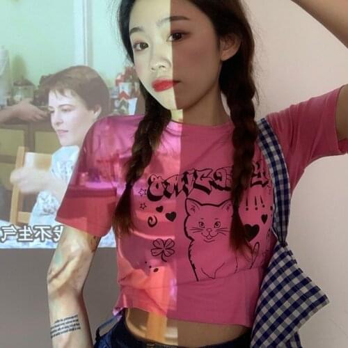 Kawaii Cat Letter Print Y2K Goth Punk Sexy Tops Crop Women Short Sleeve Cotton Chic Fun Vintage Harajuku Slim Streetwear T-Shirt