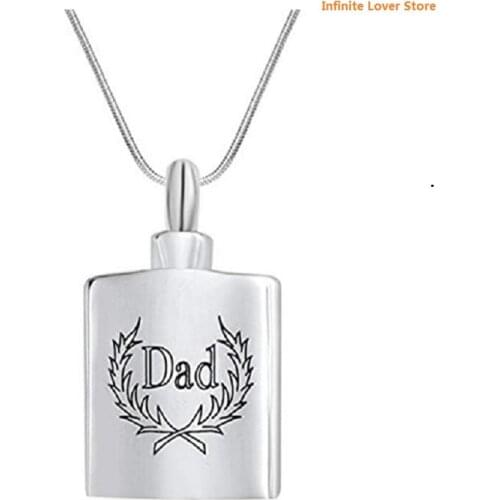 "Dad" Engraved Tiny Flask Vial Stash Cremation Urn Jewelry Ashes Capsule Necklace-Polished Stainless Steel Pendant