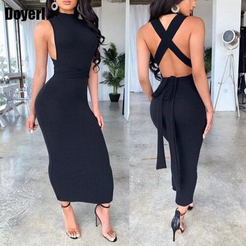 Club Party Sexy Dress Women Wrap Backless Bandage Bodycon Dress Autumn Sleeveless Back Hollow Out Slim Sheath Party Dress Black