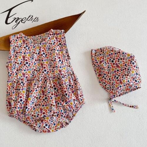 Engepapa Infant Baby Girls Bodysuits+Hat Cotton Sleeveless Floral Printing Clothes Summer Newborn Baby Girls Jumpsuit