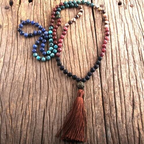 MD Fashion Bohemian Jewelry108 Beads Mala Semi Precious Stones Knotted Metal Ball Links Tassel Necklaces For Women Boho Necklace
