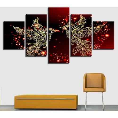Modular Painting Home Decor Frame HD Print Canvas 5 Pieces Red and Gold Love Birds Pictures Bedroom Romantic Poster